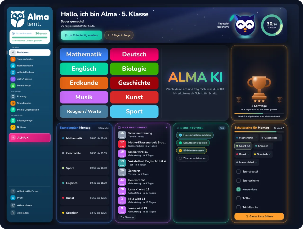 Die ALMA-Startseite eines Kindes auf dem Tablet mit Fächern, Stundenplan und Schultasche